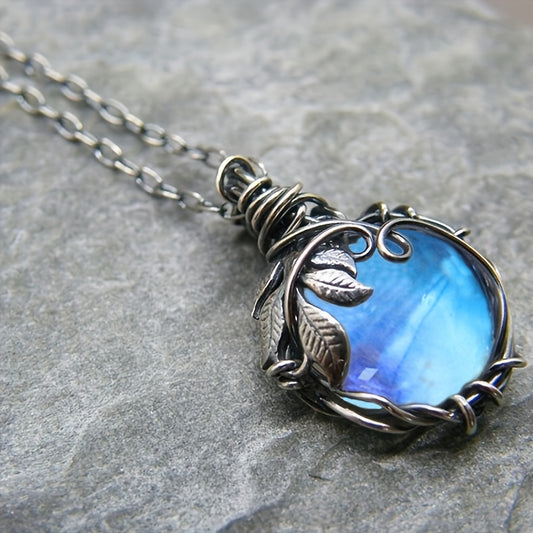 Vintage Leaf & Blue Moonstone Pendant Necklace