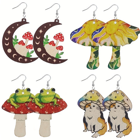4 Pairs Earrings Cat, Moon, Frog, Mushroom Style Wooden Earrings Set